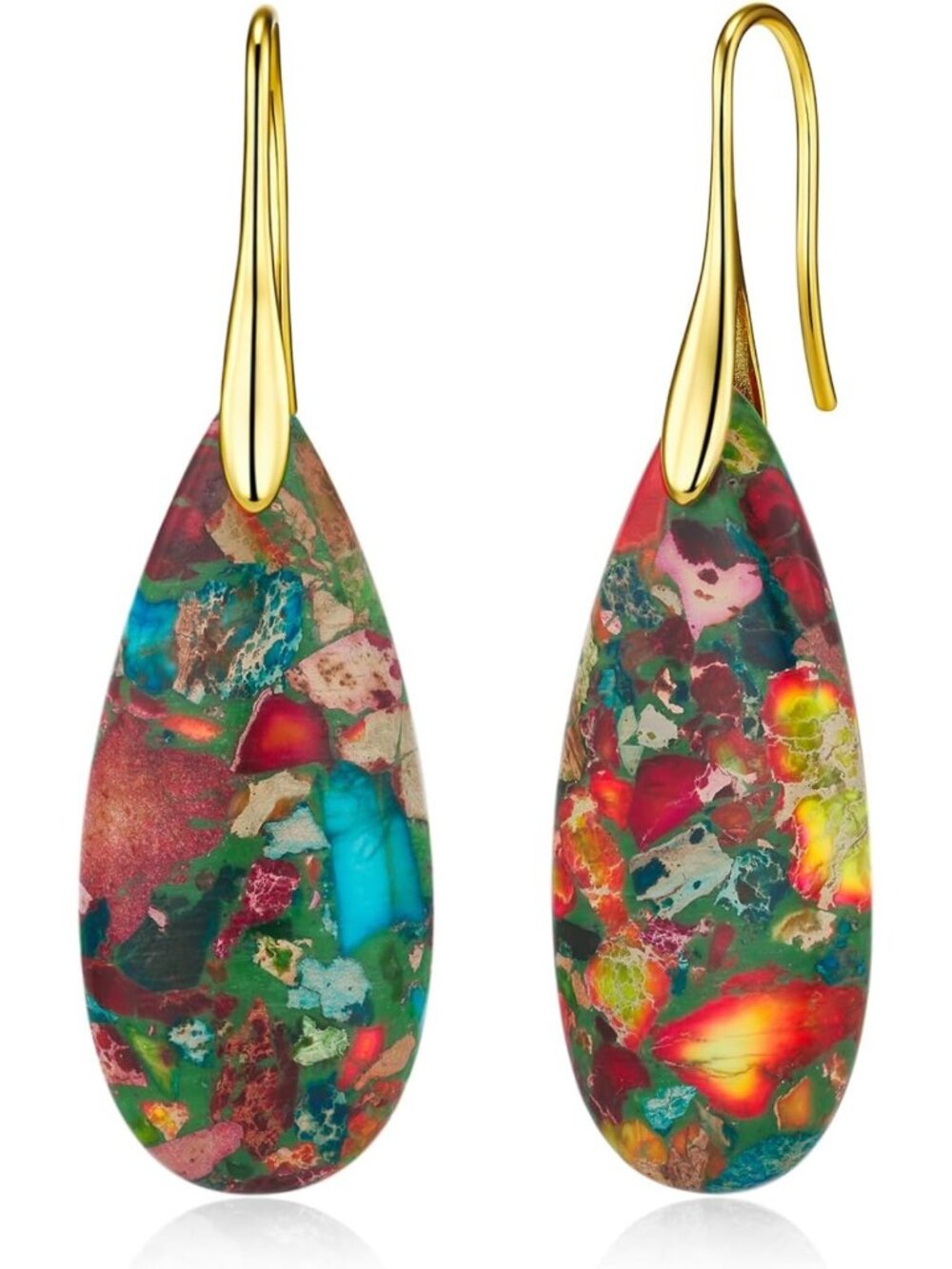 Multicolor Teardrop Dangle Earrings, 18K Gold Plated Boho Jewelry, Natural Stone